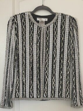 Adrianna Papell Evening Black Silk Sequin Pearl Beaded Blazer Jacket Size PM